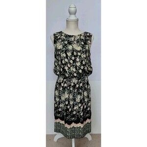 Pippa Black Pink Floral Sleeveless Dress w/Drop Elastic Waist and Hem Detail Sz2